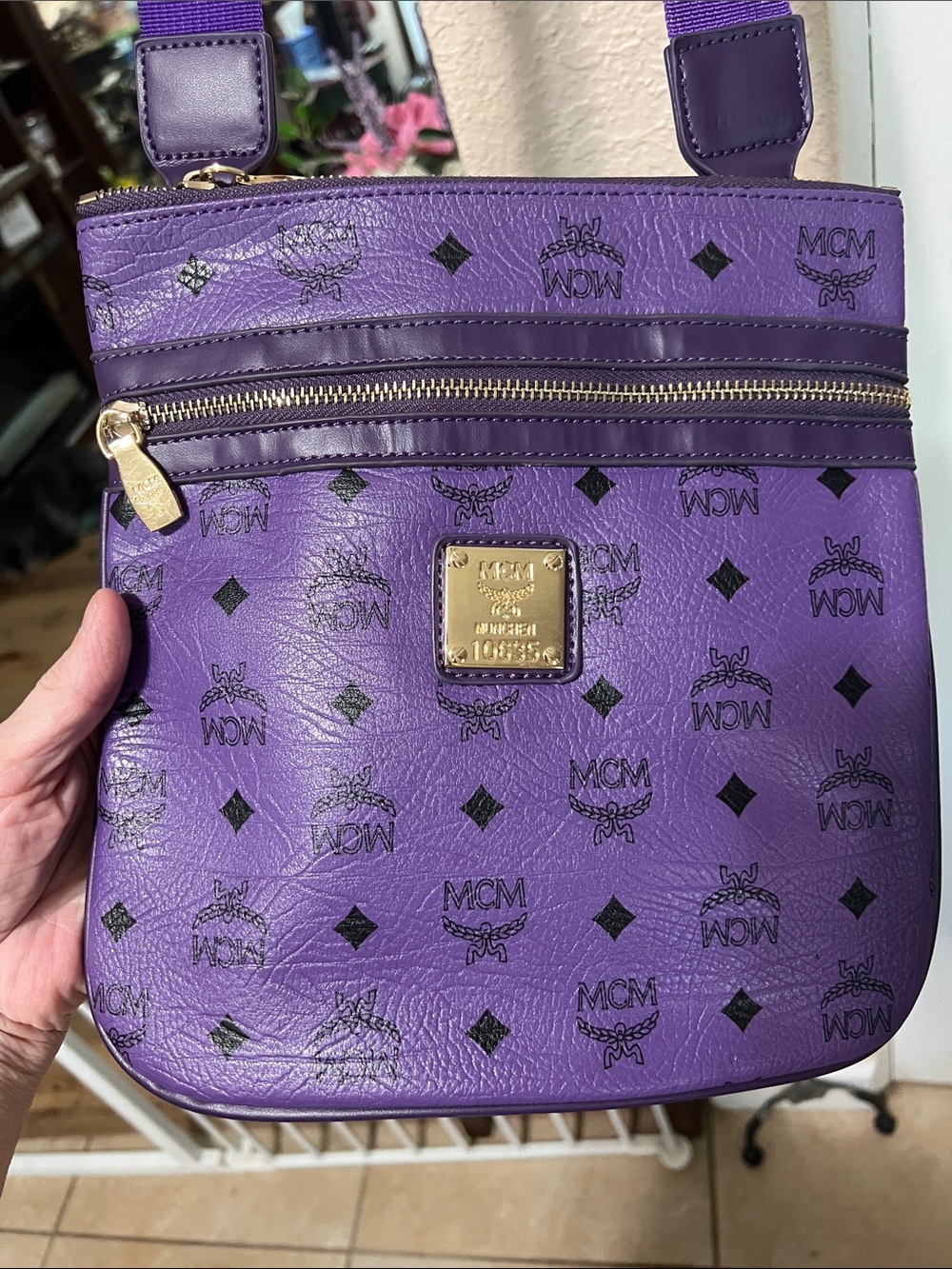 MCM Purple Logo Crossbody with Gold Hardware